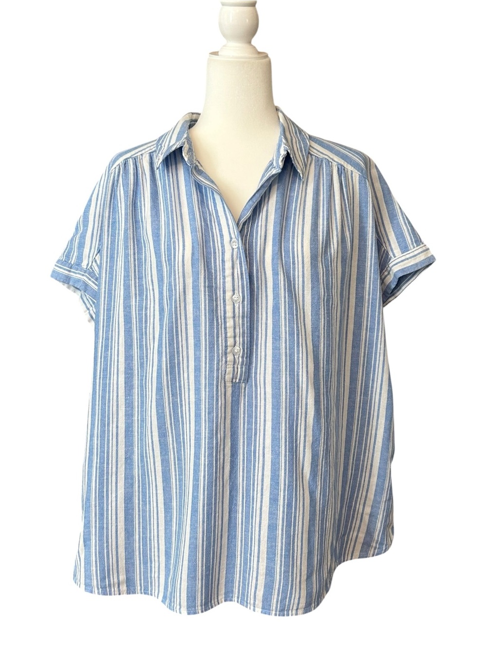 Lane Bryant Half Button Linen
Blend Striped Popover Top SZ 16
Blue White Coastal